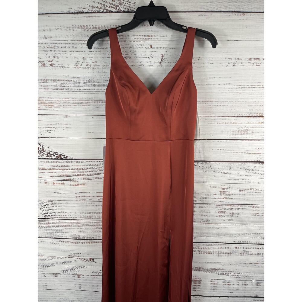 Azazie Dress Women's 4 Rust V Neck Satin Formal Bridesmaid Gown Open Back Slit - Picture 3 of 13